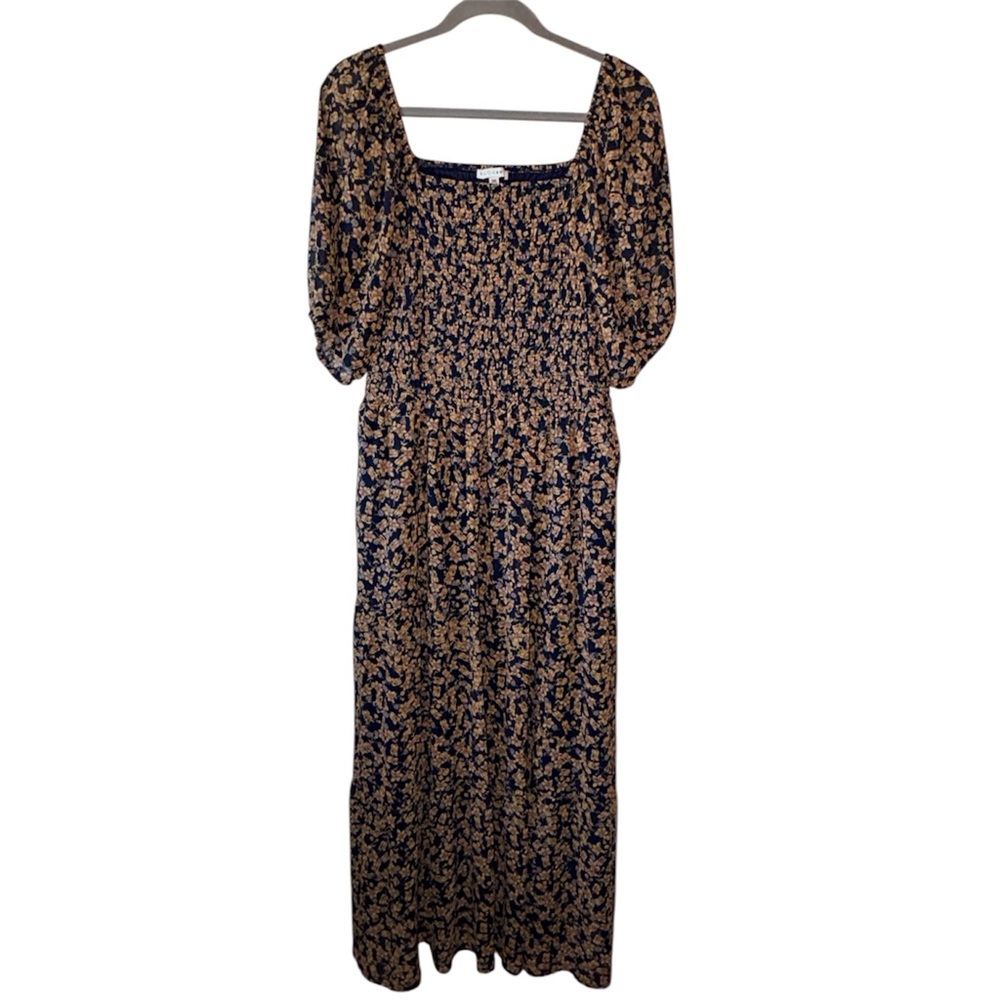 Baltic Born Floral Midi Dress 1X Navy Smocked Puff Sleeve Boho Cottagecore